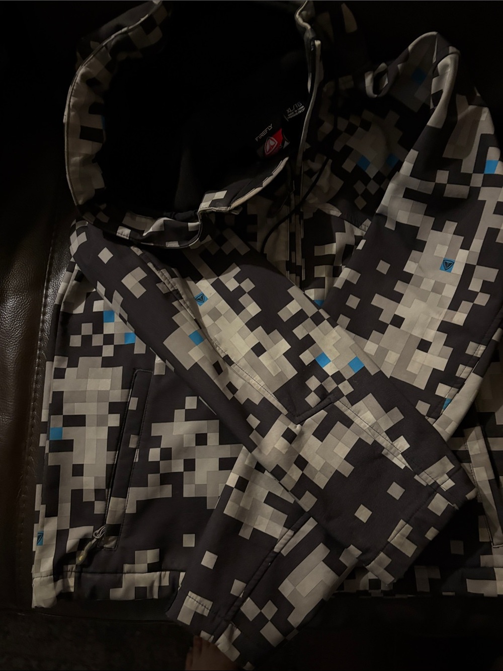 Boys Pixel Camo Hooded Jacket - Black/Gray with Blue Accents